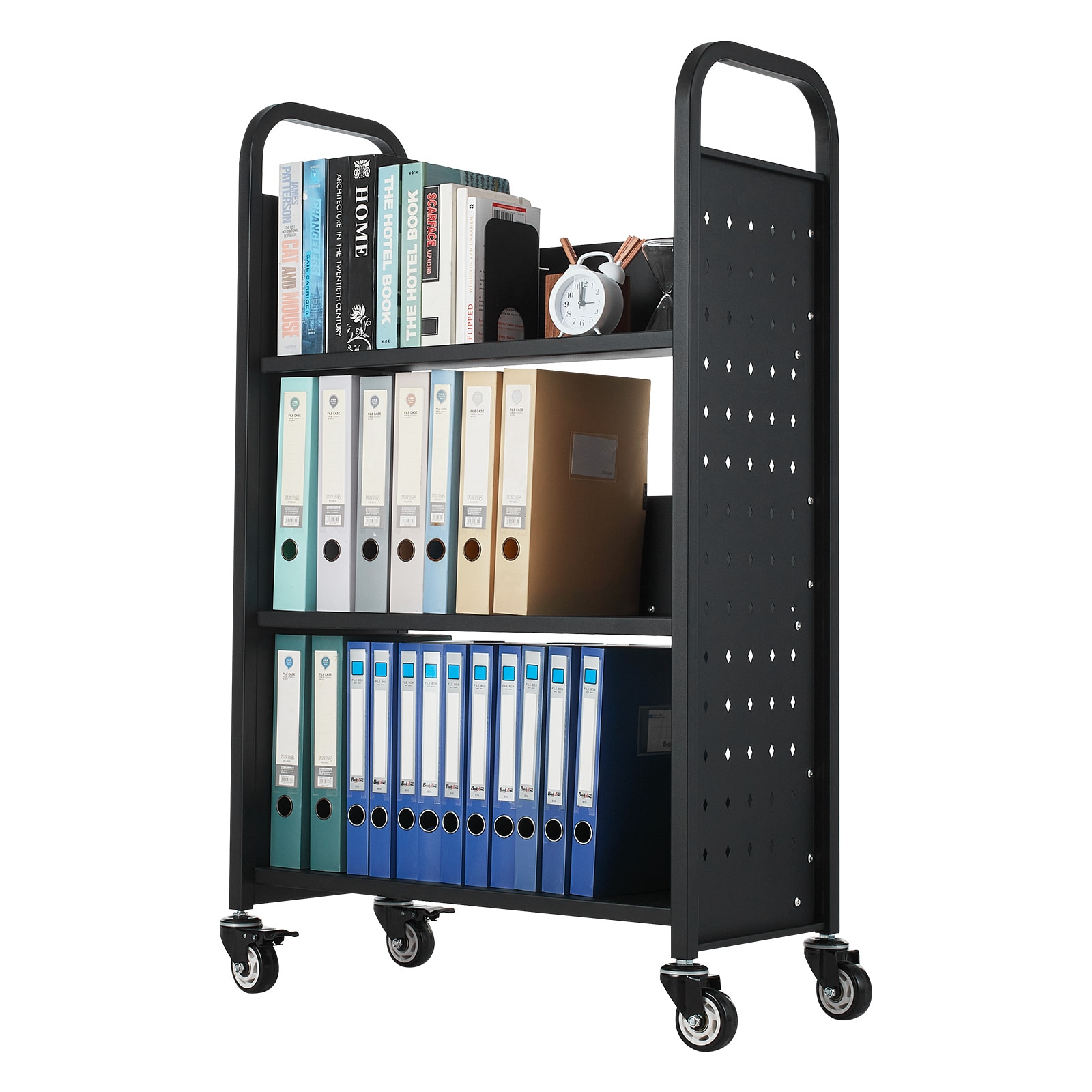 3-tier Rolling Book Cart With Single Sided Shelves In Black_voghion.com